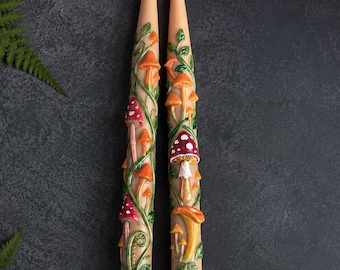 Hand Painted Mushroom Taper Candles Set of 2 | Cottagecore Fall Decor | Woodland Gift