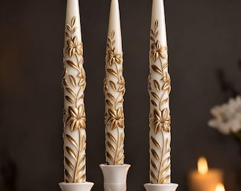 Set of Taper Candles, Hand Painted Gold Floral Dinner Candle, Spring Decorative Table Decor | Mother's Day gift