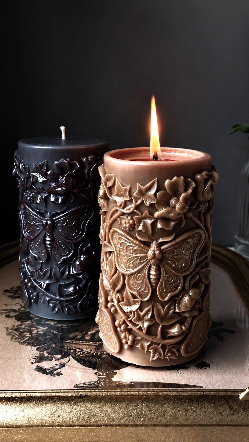 large black gothic candle textured relief dark academia style