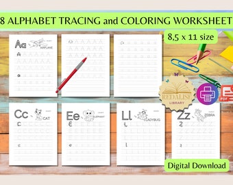 78 Alphabet Letters Tracing Worksheets, Printable , PreK Worksheets,ABC Preschool Uppercase and Lowercase and Coloring PDF