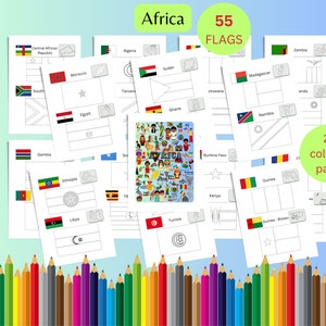 Africa Flags Coloring Printable | 55 African Flags and Maps Instant Download Sheet