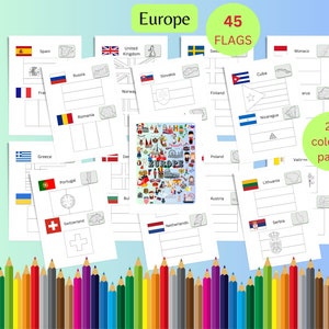 Drapeaux à colorier d’Europe imprimables | 45 drapeaux et cartes européens à colorier téléchargement instantané