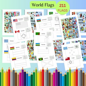 Welt Flaggen Färbung Printable | 211 Flaggen der Welt Instant Download Seiten zum Ausmalen