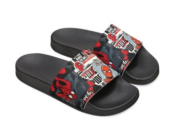 Youth Slide Sandals - Spider Comic Design (Black & White)