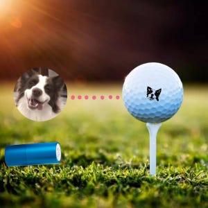 May include: A white golf ball on a tee with a black and white dog graphic. A blue cylindrical object is in the foreground, and a dog's face is in a circle to the left of the golf ball. The background is green grass.