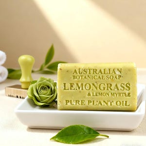May include: A bar of Australian Botanical Soap with the text "Lemongrass & Lemon Myrtle Pure Plant Oil" sits on a white dish. A green rose and leaf are next to the soap. A yellow stamp and a stack of white towels are in the background.