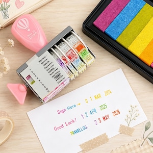 Roterande datumstämpel med förinställda fraser – justerbart verktyg för år, månad, dag och dagbok för dagbok, scrapbooking och planerare