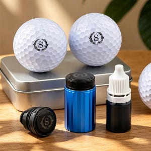 May include: White golf balls with a dimpled surface, each featuring a black initial "S" within a laurel wreath. A blue cylindrical container, a black ink bottle, and a black golf ball marker are also present.