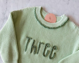 Hand embroidered oversized knitted sweater third birthday