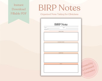 BIRP Note | Therapist Note Template | Therapy Note | Note Template for Therapy | Counseling Note | Fillable PDF | Mental Health Template