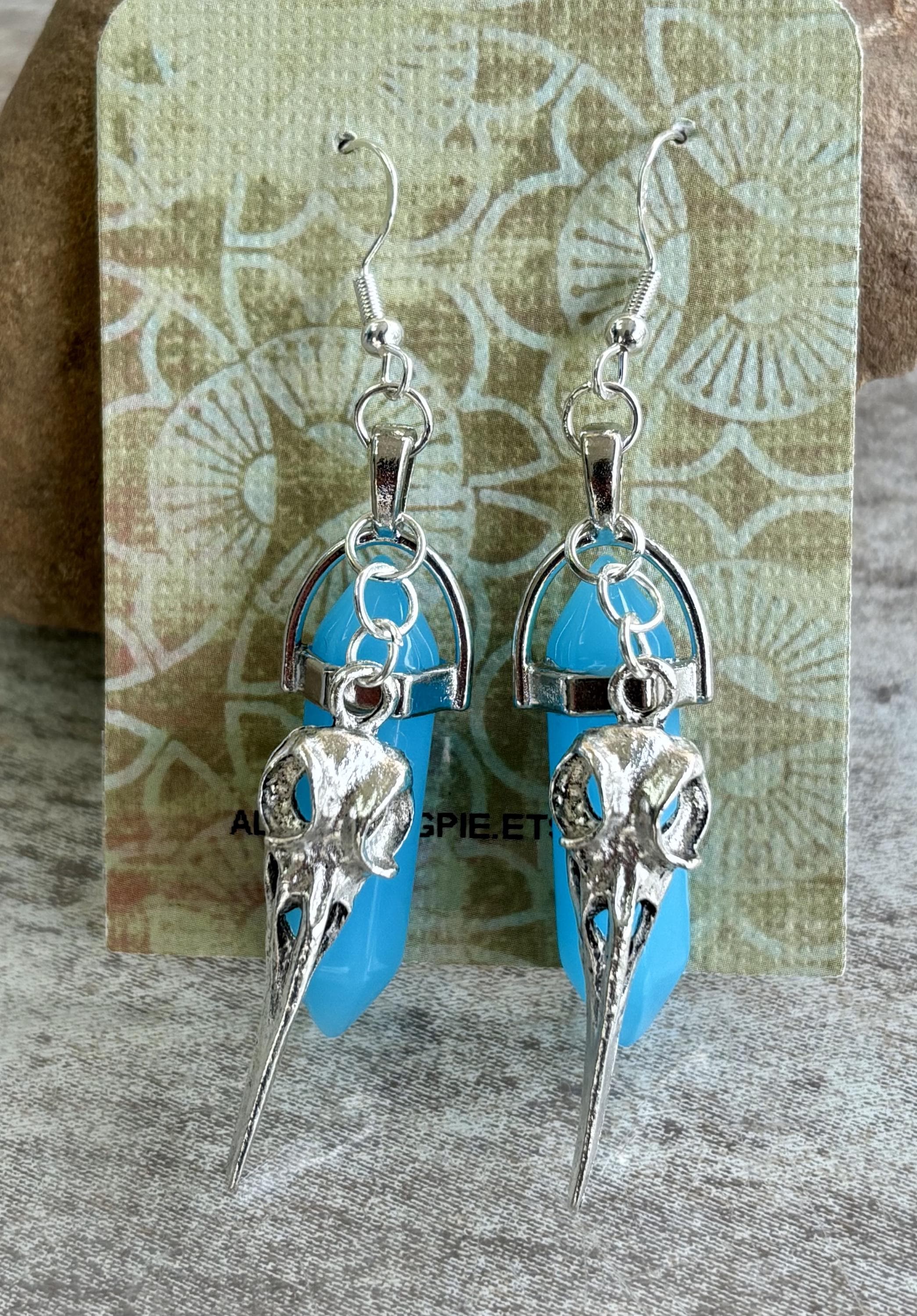 Bird Skull Glass Crystal Earrings: Witchy Goth Fairy Boho Alt