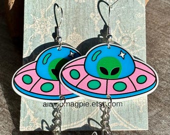 UFO Abducting Cow Earrings: Weird Novelty Space Alt Jewelry - Made in Canada