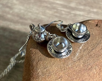 Miniature Teacup Earrings and Teapot Necklace: Victorian Tea Party Food Jewelry