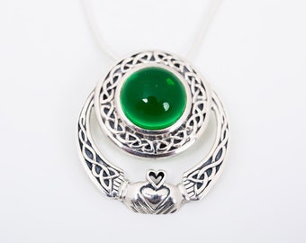 GaelSong 925 Sterling Silver Emerald Glass Claddagh Necklace Love Friendship Loyalty Symbol Irish Celtic Knotwork Pendant Jewelry Women 18"