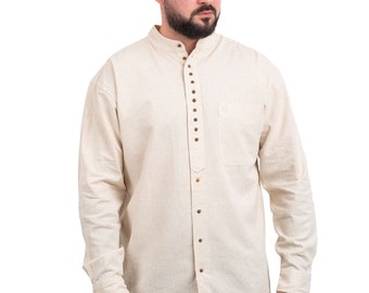GaelSong Irish Grandfather Shirt for Mens - Vintage Cotton and Linen Long-Sleeve Ireland Traditional Shirt Collarless