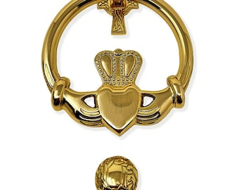 Exclusively Irish Large Claddagh Brass Door Knocker Cross Back - Polished Brass - Housewarming Gift