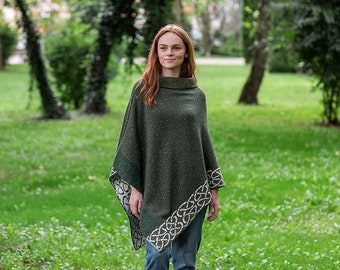 GaelSong Aran Wool Mulle Cape for Women Irish Merino Shawl Poncho Sweater Made in Ireland, One Size, Dark Green