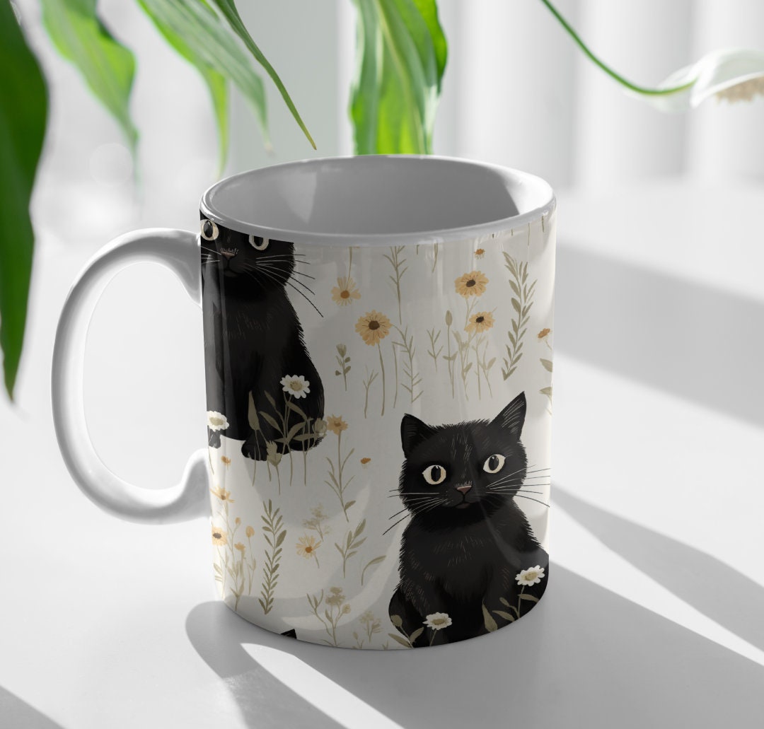 Black Cat Mug, Black Cat Coffee Mug, Cat Mug, Cottagecore Mug Etsy