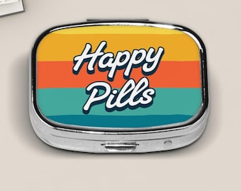 Retro Happy Pills Pill Box, Small Pill Case For Travel Purse And Pocket