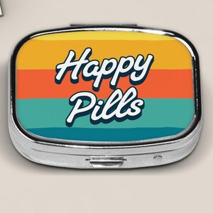 Happy Pills Pill Case For Travel Purse And Pocket, Pill Box For Her Him, Retro Pill Container