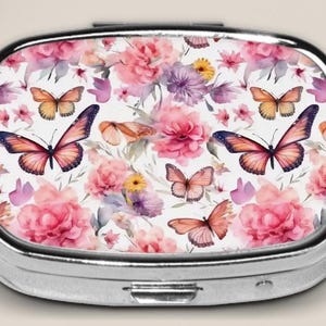 Butterfly Pill Box For Purse Pocket And Travel, Butterfly And Flower Pill Case