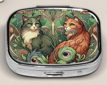 Pill Box Cat Mom Gifts For Purse Pocket And Travel, Floral Vintage, Art Nouveau, Medicine Container, Metal Pill Box Case Holder, Gift Ideas