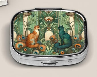 Art Nouveau Cat Pill Box: Floral Vintage Medicine Container