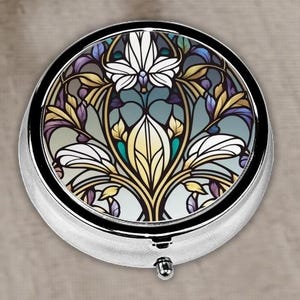 Art Nouveau Pill Box, Floral Vintage, Jewelry Trinket, Medicine Container, Metal Pill Box Case Holder, Stocking Stuffers, Gift Ideas