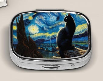 Cat Pill Box, Starry Night Style, Pocket Pill Case