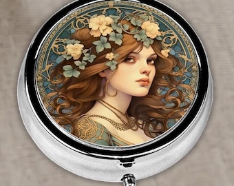 Art Nouveau Pill Box: Floral Vintage Metal Medicine Container