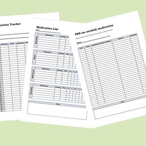 Puede incluir: Tres hojas de papel blanco con texto negro. Las hojas se titulan "Medication Tracker", "Medication List" y "PRN (as needed) medication". Cada hoja tiene una cuadr&iacute;cula para rastrear informaci&oacute;n sobre medicamentos.