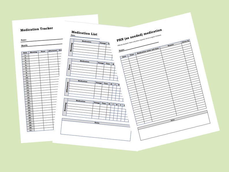 Puede incluir: Tres hojas de papel blanco con texto negro. Las hojas se titulan "Medication Tracker", "Medication List" y "PRN (as needed) medication". Cada hoja tiene una cuadr&iacute;cula para rastrear informaci&oacute;n sobre medicamentos.
