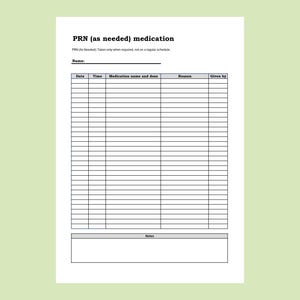 Puede incluir: Documento en papel blanco con el texto "PRN (seg&uacute;n sea necesario) medication" en la parte superior. El documento incluye campos para la fecha, hora, nombre y dosis del medicamento, motivo y qui&eacute;n lo administr&oacute;. Hay un espacio para notas en la parte inferior.