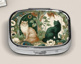 Pill Box Cat Mom Gifts For Purse Pocket And Travel, Art Nouveau, Floral Vintage, Medicine Container, Cat Pill Case,  Gift Ideas