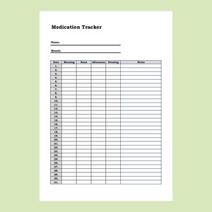 Puede incluir: Una hoja blanca de seguimiento de medicamentos con un fondo verde claro. El documento incluye secciones para el nombre, el mes y una tabla para rastrear los horarios de los medicamentos y las notas. El t&iacute;tulo "Medication Tracker" est&aacute; en la parte superior.