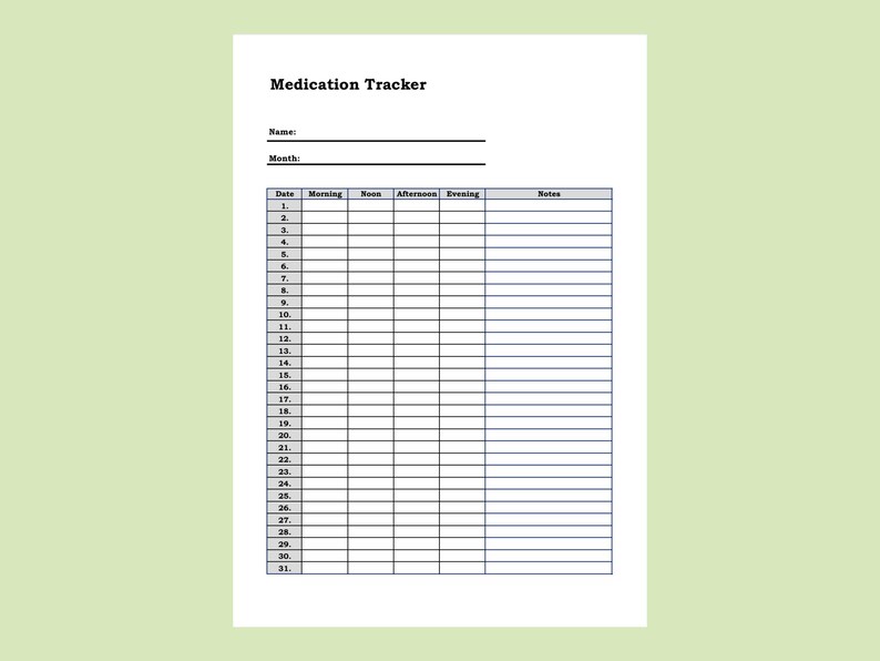 Puede incluir: Una hoja blanca de seguimiento de medicamentos con un fondo verde claro. El documento incluye secciones para el nombre, el mes y una tabla para rastrear los horarios de los medicamentos y las notas. El t&iacute;tulo "Medication Tracker" est&aacute; en la parte superior.