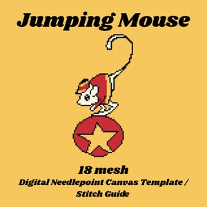 May include: A digital needlepoint canvas template titled Jumping Mouse, 18 mesh, with a stitch guide. The graphic features a white mouse wearing a red and yellow outfit, jumping on a red ball with a yellow star, set against a yellow background.