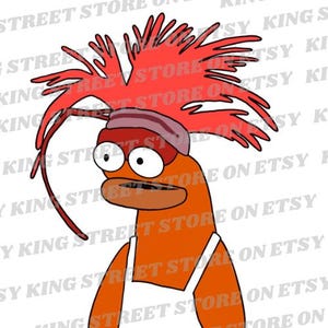 May include: An orange cartoon fish with a red mohawk and a white headband. The fish is wearing a white tank top.
