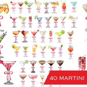 Puede incluir: 40 ilustraciones de acuarela de copas de martini con diferentes bebidas coloridas y guarniciones. Las copas son todas de forma clásica de martini y están decoradas con lazos rosas. Las ilustraciones son perfectas para usar en proyectos digitales o impresos.