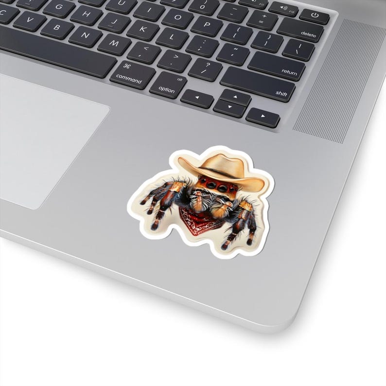 Op de afbeelding: Een cartoonillustratie van een springspin die een cowboyhoed en een bandana draagt. De spin heeft grote, zwarte ogen en harige poten. De achtergrond is wit.