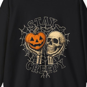 Stay Creepy Halloween-sweatshirt, trui met doodskop en pompoen, vintage griezelige trui, gothic Halloween-cadeau, herfsttrui met skeletmotief