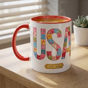 USA Floral Patchwork Mug – 250th Anniversary 1776‑2026 – Personalized Patriotic Gift – Custom Name USA Mug