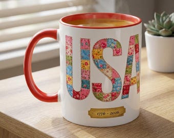 USA Floral Patchwork Mug – 250th Anniversary 1776‑2026 – Personalized Patriotic Gift – Custom Name USA Mug