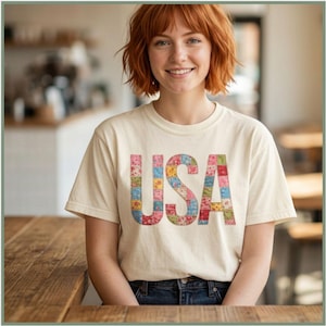 USA Patchwork Quilt Shirt – 250th Anniversary Floral Americana Tee – Vintage Museum Style Patriotic Top
