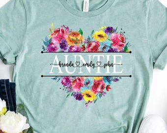 AUNTIE, Personalized Wildflowers Auntie with Kids Names, Auntie Shirt, Custom Auntie Shirt, New Aunt Gift, Aunt Heart Tee, Mothers Day Shirt