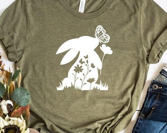 Floral Bunny Shirt, Easter T-Shirt, Floral Rabbit Shirt, Easter Bunny T-Shirt, Easter Gift, Rabbit Silhouette, Cute Easter Tee, Easter Shirt