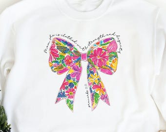 She Is Clothed With Strength And Dignity Shirt, Coquette Fall Sweater, Christian Shirt, Proverbs 31:25 Shirt, Bible Verse Sweater, Faith Tee