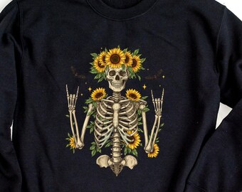 Halloween Skeleton Shirt, Sunflower Skeleton Sweatshirt, Rock Hand Skeleton Tee, Witchy Floral Shirt,  Skull Sweater, Spooky Season Sweater