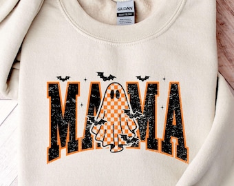 Mama Halloween Shirt, Checkered Ghost Sweatshirt, Spooky Season T-shirt, Retro Halloween Shirt, Halloween Gift For Mom, Spooky Mama Sweater