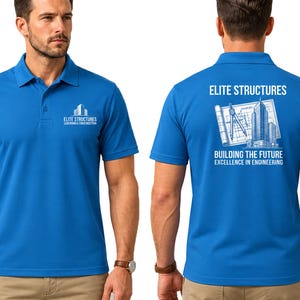 May include: A bright blue polo shirt featuring a white logo on the left chest. The back displays a white graphic of a building and drafting tools with the text ELITE STRUCTURES, BUILDING THE FUTURE, EXCELLENCE IN ENGINEERING.